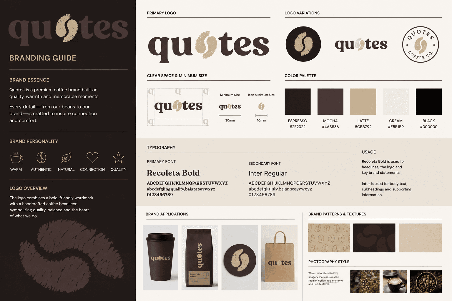 quotes branding guide: logo, palette, typography, applications and photography style
